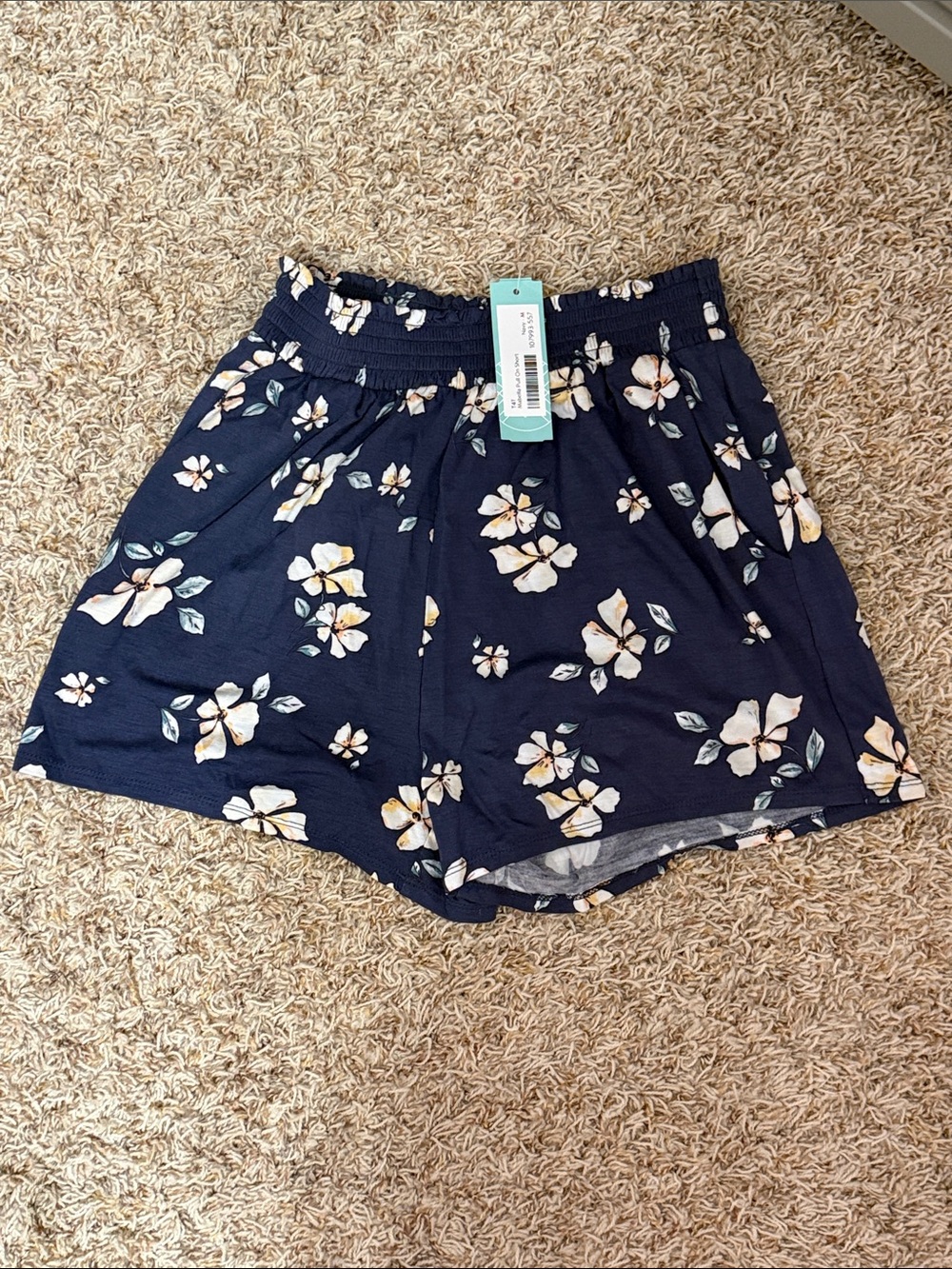 Navy Floral Elastic Waist Shorts